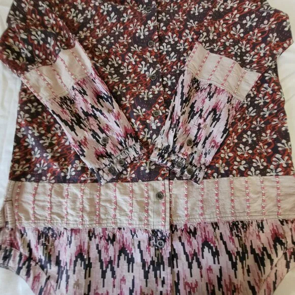 Patchwork BoHo Womens Pink Red Blue Territory Ahead Shirt Long Length Size M - Picture 3 of 15